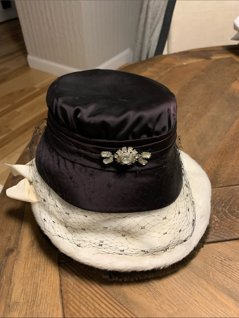 Vintage cherry black satin hat with rhinestone accent - Picture 1 of 6